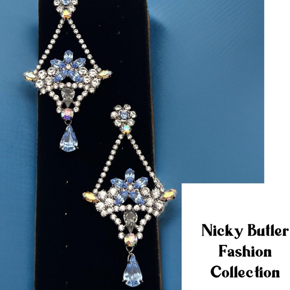 🔶NICKY BUTLER FASHION Blue Crystal Flower Basket Chandelier Drop Earrings NEW